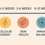 Timeline illustration showing 1–2 week cellular energy improvement, 3–6 week skin health benefits, and 6–12 week immune balance