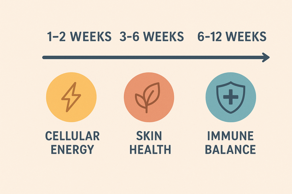 Timeline showing cellular energy, skin health, and immune balance improvements over 1–2 weeks, 3–6 weeks, and 6–12 weeks.