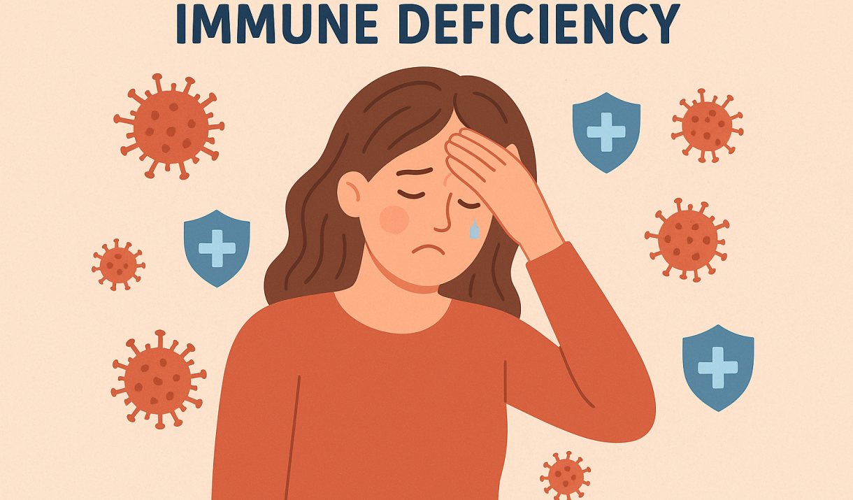 Illustration of a woman feeling unwell with weakened immunity surrounded by virus icons and health shields