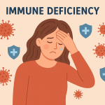 Illustration of a woman feeling unwell with weakened immunity surrounded by virus icons and health shields