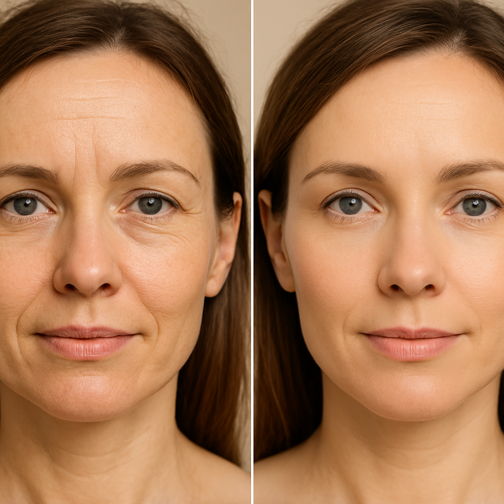 Before and after comparison of a woman's face showing reduced wrinkles, smoother skin texture, and improved radiance