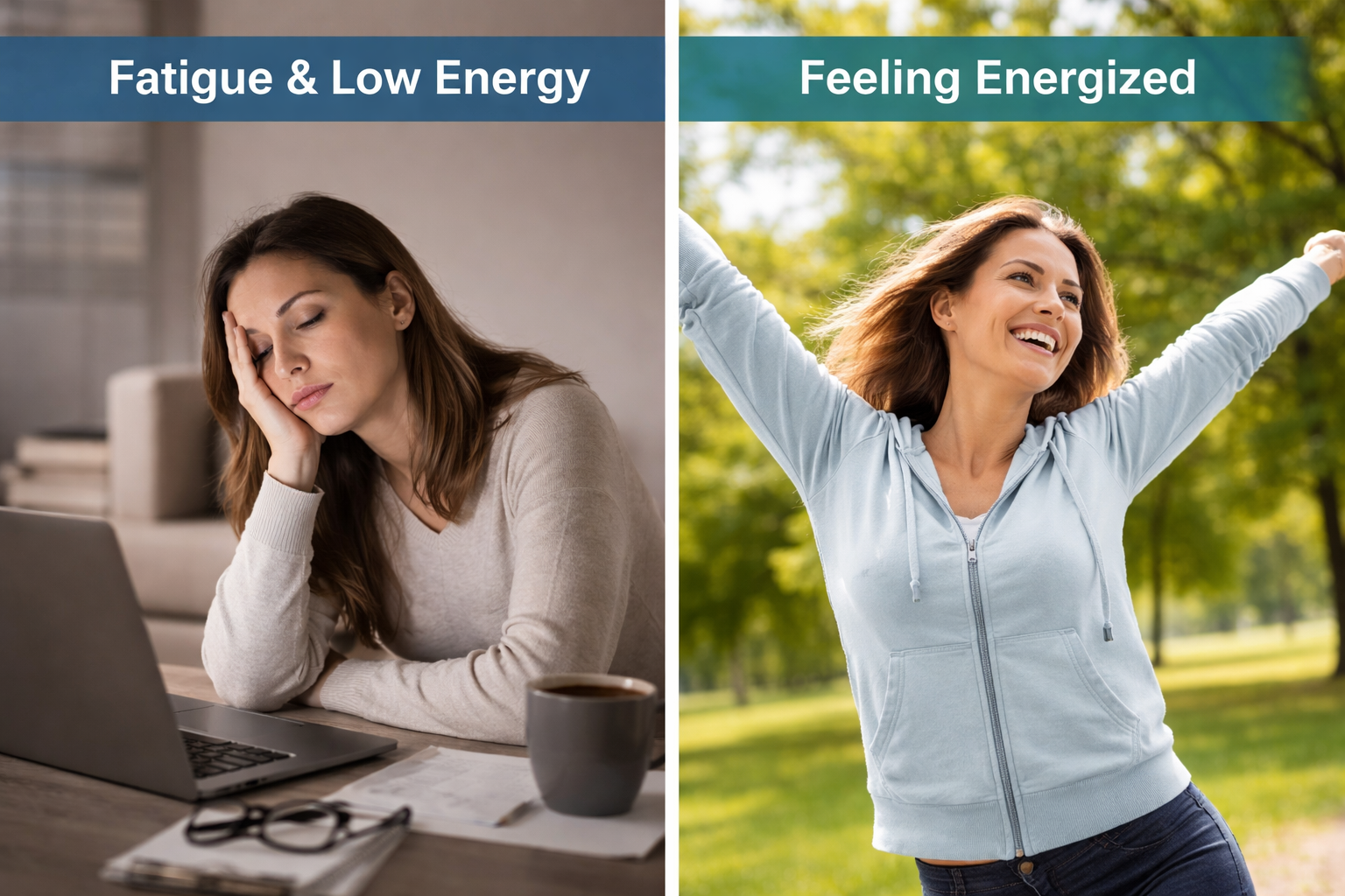 Visual comparison of fatigue and low energy versus feeling energized, representing cellular energy and glutathione support