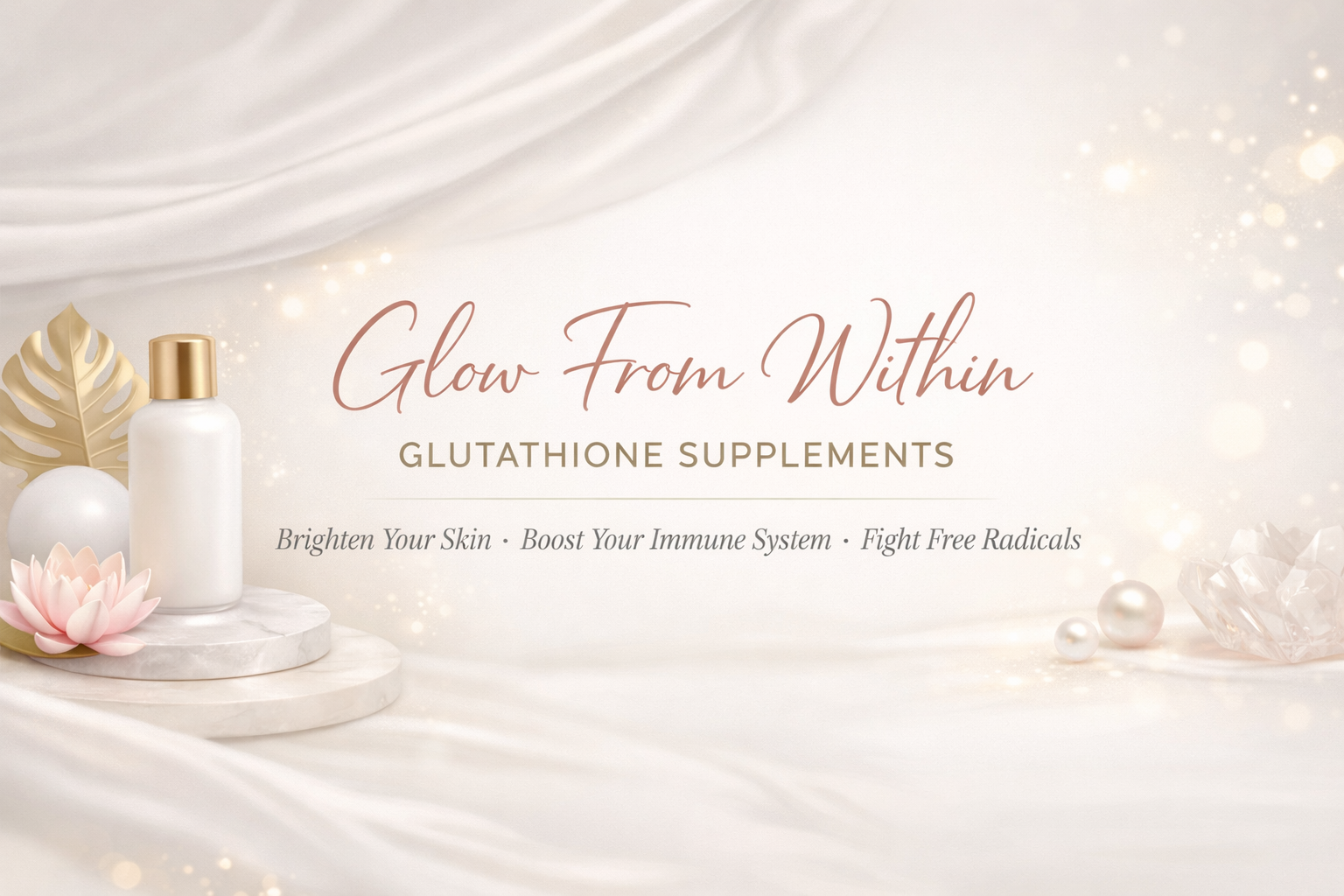 Luxury glutathione supplement concept image with soft gold and pink tones representing glowing skin, immune support, and antioxidant wellness.